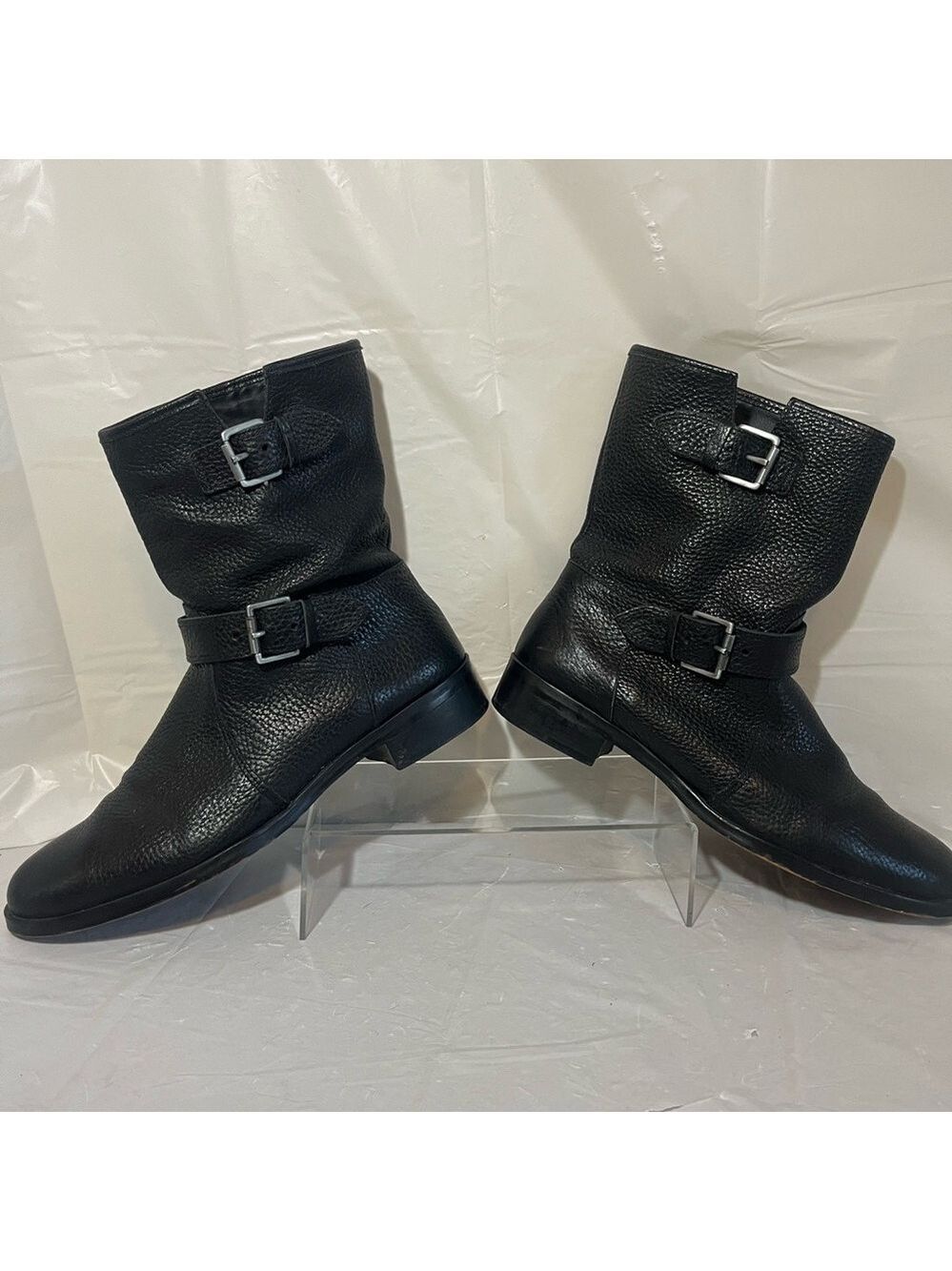 J Crew black leather buckle strap moto biker boots women's 10